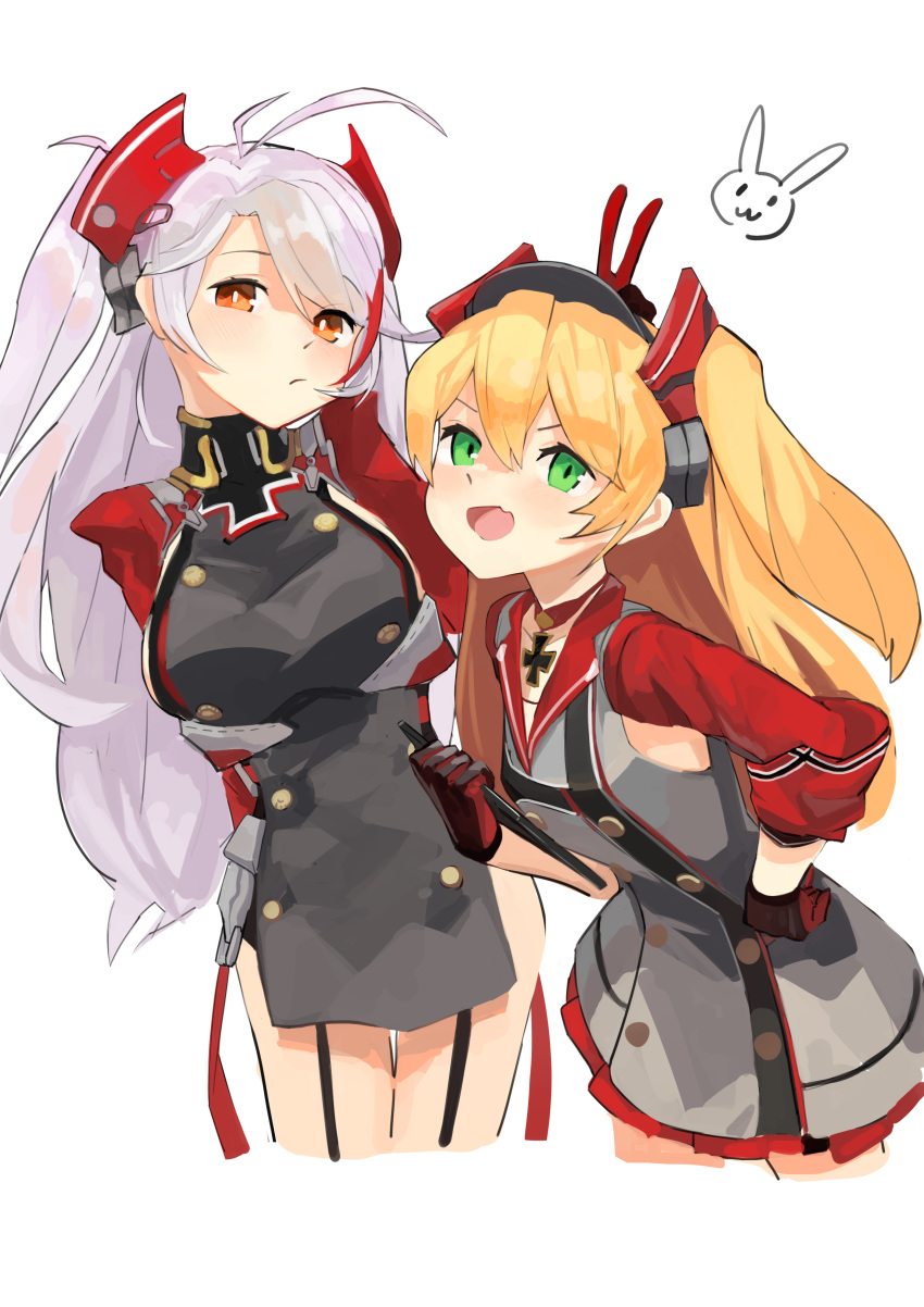 2girls absurdres admiral_hipper_(azur_lane) ahoge antenna_hair ao_(1234painter) arm_behind_back armpit_cutout azur_lane bangs black_gloves blonde_hair breasts bunny bunny_ears_prank choker clipboard commentary_request cropped_legs dress eyebrows_visible_through_hair fang flat_chest gloves green_eyes grey_dress hair_between_eyes hand_on_hip headgear highres holding holding_clipboard iron_cross large_breasts light_blush long_hair looking_at_viewer multicolored_hair multiple_girls open_mouth orange_eyes prinz_eugen_(azur_lane) red_choker red_hair red_sleeves sideboob sidelocks silver_hair simple_background skin_fang streaked_hair swept_bangs thigh_strap two_side_up v white_background