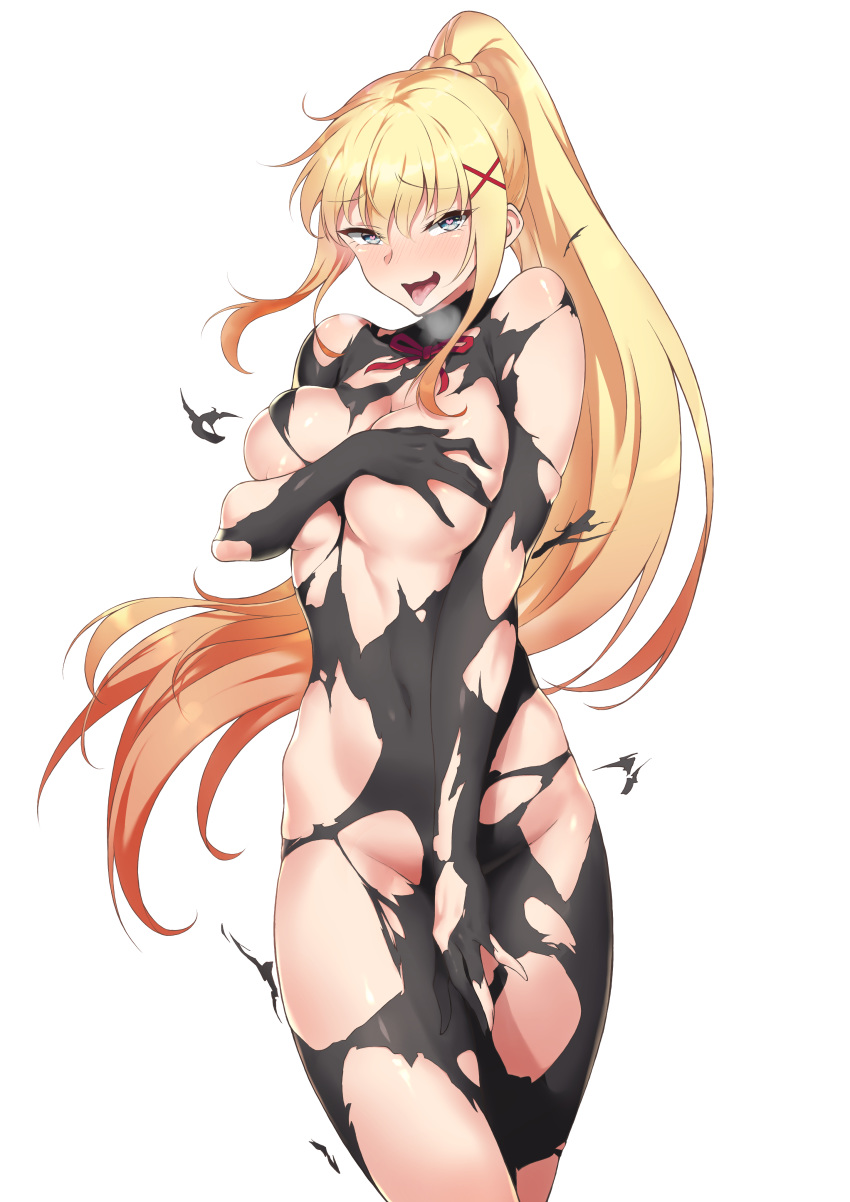 1girl absurdres bangs black_bodysuit black_gloves blonde_hair blue_eyes blush bodystocking bodysuit breasts cloud cloudy_sky covering covering_breasts covering_crotch darkness_(konosuba) dress gloves hair_ornament heart heart-shaped_pupils high_ponytail highres kono_subarashii_sekai_ni_shukufuku_wo! large_breasts mo3hig3 open_mouth ponytail sidelocks simple_background sky symbol-shaped_pupils torn_bodysuit torn_clothes torn_legwear white_background x_hair_ornament yellow_dress