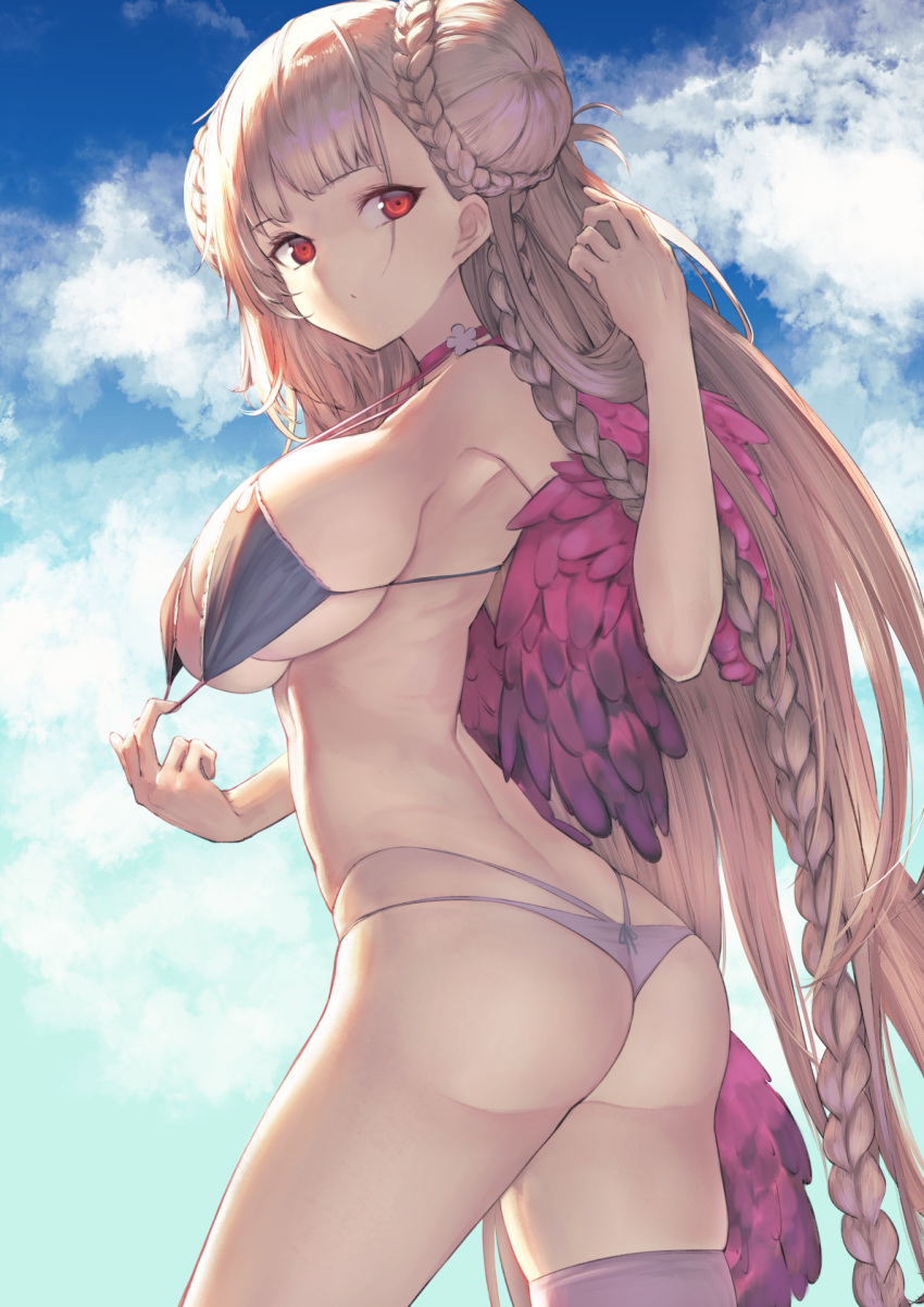 1girl ass azur_lane back bangs bare_shoulders bikini blue_sky braid braided_bun breasts choker closed_mouth double_bun feather_boa formidable_(azur_lane) formidable_(the_lady_of_the_beach)_(azur_lane) highres itaco1987 large_breasts long_hair looking_at_viewer multi-strapped_bikini pink_choker platinum_blonde_hair red_eyes single_thighhigh sky solo swimsuit thighhighs thighs very_long_hair