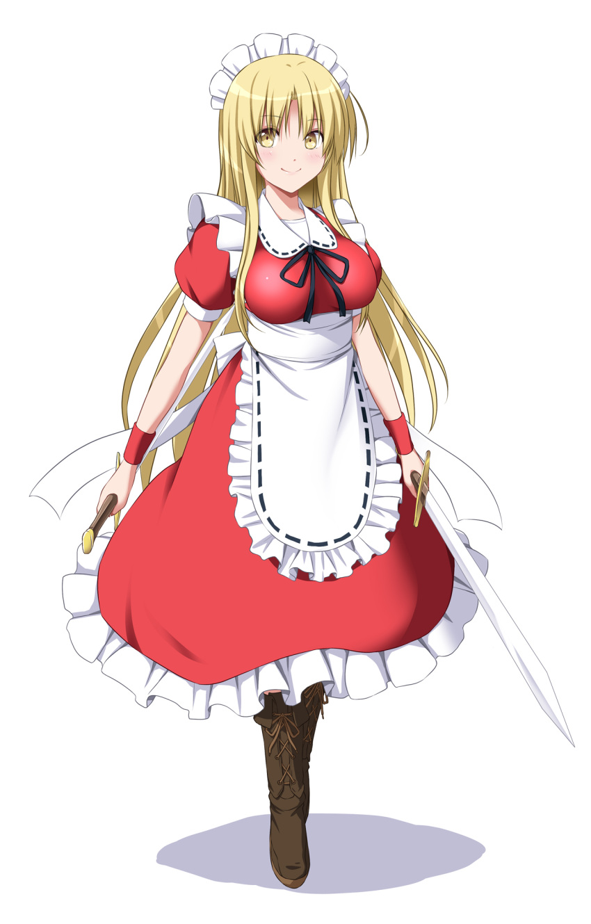 1girl apron blonde_hair boots breasts brown_footwear commentary_request dress dual_wielding eyebrows_visible_through_hair frilled_apron frilled_dress frills full_body highres holding holding_sword holding_weapon long_hair looking_at_viewer looking_away maid maid_headdress medium_breasts nori_tamago puffy_short_sleeves puffy_sleeves reverse_grip short_sleeves simple_background smile solo standing sword touhou touhou_(pc-98) very_long_hair waist_apron weapon white_background wrist_cuffs yellow_eyes yumeko_(touhou)