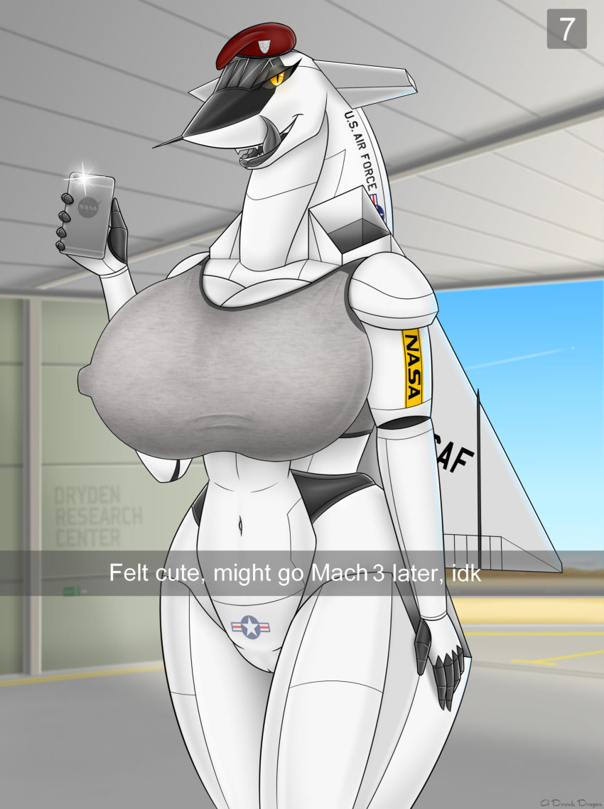 2019 5_fingers a_drunk_dragon absurd_res aircraft aircraft_humanoid airplane anthro beret big_breasts blue_sky bottomless bra breasts building clothed clothing cockpit desert detailed_background english_text female fingers hangar hat headgear headwear hi_res inside living_aircraft living_machine logo looking_at_viewer machine mountain navel nipple_outline open_mouth pandora_kennedy_(adrunkdragon) phone pussy road sand sky snapchat solo standing teeth text tongue tongue_out topwear underwear wings xb-70_valkyrie_(prototype_bomber) yellow_eyes