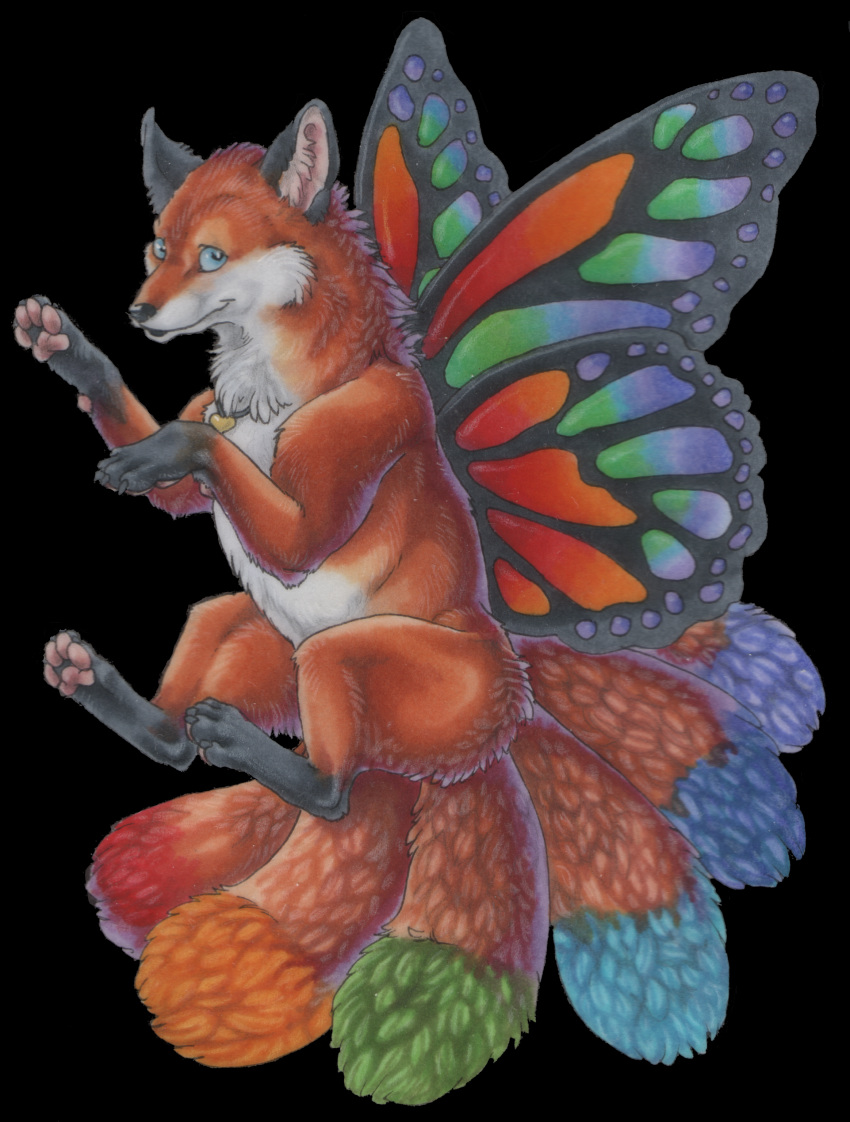 antennae_(anatomy) canid canine fae fairy female feral fox mammal multi_tail rainbow solo unknown_artist