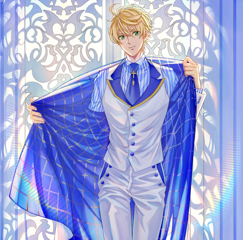 1boy arthur_pendragon_(fate) blonde_hair blue_theme fate/prototype fate_(series) formal green_eyes highres lalatia-meai male_focus necktie pinstripe_pattern removing_jacket smile solo striped suit vest waistcoat white_vest