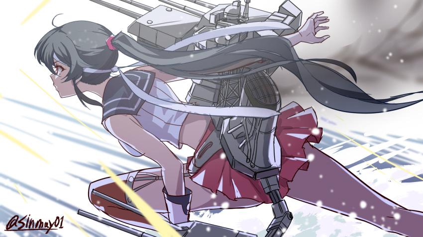 1girl action bangs black_hair blurry day droplet gloves hair_ornament hair_scrunchie headband highres kantai_collection leaning_forward long_hair midriff miniskirt outdoors pink_scrunchie pleated_skirt ponytail red_eyes red_legwear red_skirt rigging school_uniform scrunchie serafuku shinmai_(kyata) shirt skirt sleeveless sleeveless_shirt solo splashing standing standing_on_liquid thighhighs tracer_fire twitter_username very_long_hair water white_gloves white_headband white_shirt wind yahagi_(kantai_collection)