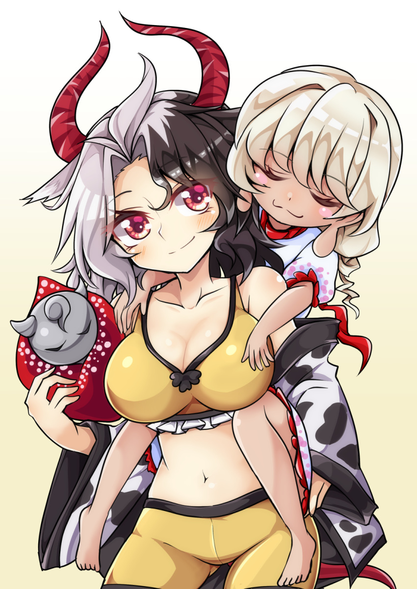 2girls :3 aki_chimaki bangs bare_shoulders black_hair blush breasts carrying cleavage closed_eyes collarbone commentary_request cow_horns cow_tail cowboy_shot earlobes ebisu_eika eyebrows_visible_through_hair frills gradient gradient_background hair_flaps haori head_tilt highres holding horns japanese_clothes large_breasts long_sleeves looking_at_viewer midriff multicolored_hair multiple_girls navel off_shoulder piggyback puffy_short_sleeves puffy_sleeves red_eyes shirt short_hair short_sleeves shorts silver_hair smile sports_bra standing stomach tail touhou two-tone_hair ushizaki_urumi white_background white_shirt wide_sleeves yellow_background yellow_shorts