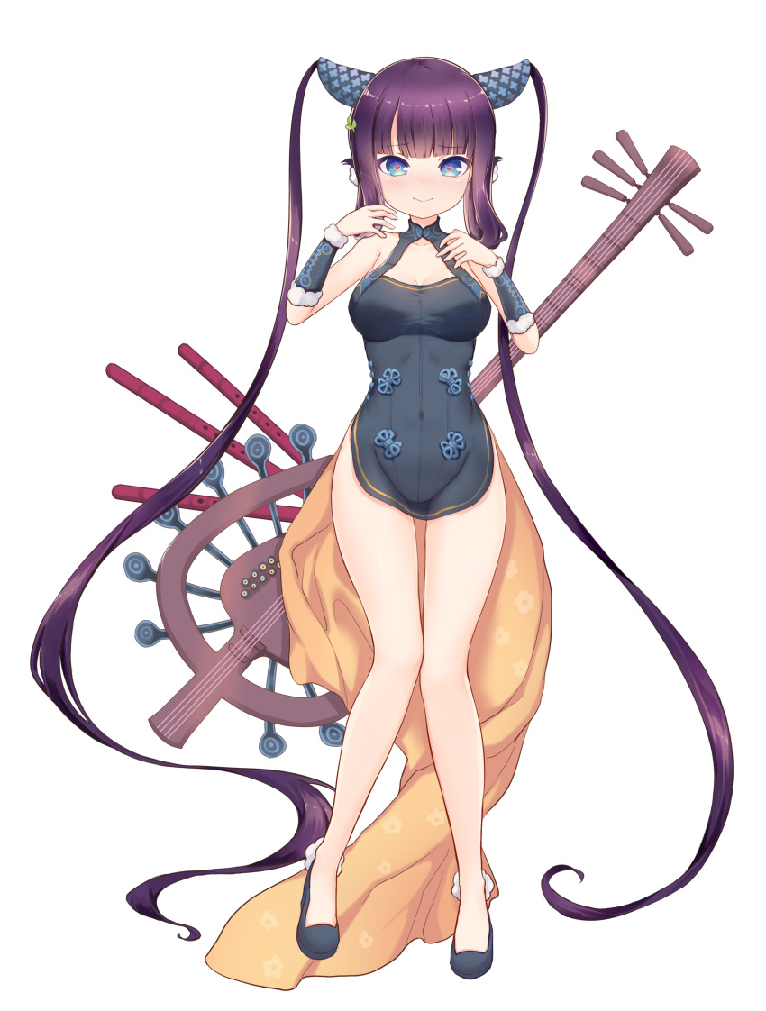1girl absurdres bangs bare_thighs black_dress black_footwear blue_eyes blunt_bangs breasts china_dress chinese_clothes double_bun dress fate/grand_order fate_(series) full_body hair_ornament heart heart-shaped_pupils highres kiri_sakura leaf_hair_ornament long_hair medium_breasts pipa_(instrument) purple_hair short_dress sidelocks simple_background solo symbol-shaped_pupils twintails very_long_hair white_background yang_guifei_(fate/grand_order)