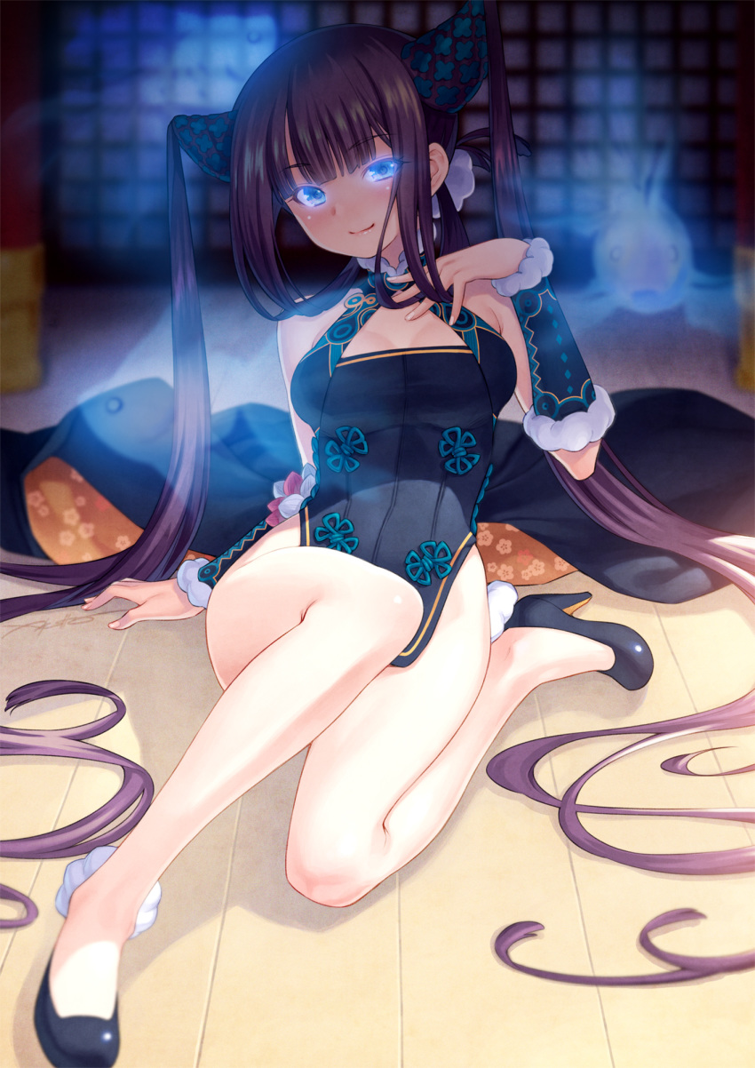 1girl bangs black_dress blue_eyes blunt_bangs blush breasts china_dress chinese_clothes closed_mouth detached_sleeves dress fate/grand_order fate_(series) floral_print glowing glowing_eyes hair_ornament high_heels highres kazuma_muramasa knee_up large_breasts legs looking_at_viewer purple_hair sidelocks sitting smile solo twintails yang_guifei_(fate/grand_order)