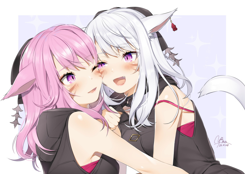 2girls ;d animal_ears bangs black_bow black_hoodie border bow bra cat_ears cat_girl cat_tail cheek-to-cheek commentary_request dated earrings eye_contact eyebrows_visible_through_hair facial_mark fang final_fantasy final_fantasy_xiv hair_bow highres hood hood_down hoodie jewelry long_hair looking_at_another miqo'te multiple_girls one_eye_closed open_mouth outside_border parted_lips pink_bra pink_hair purple_background purple_eyes signature sleeveless sleeveless_hoodie smile strap_slip tail underwear upper_body whisker_markings white_border yana_mori