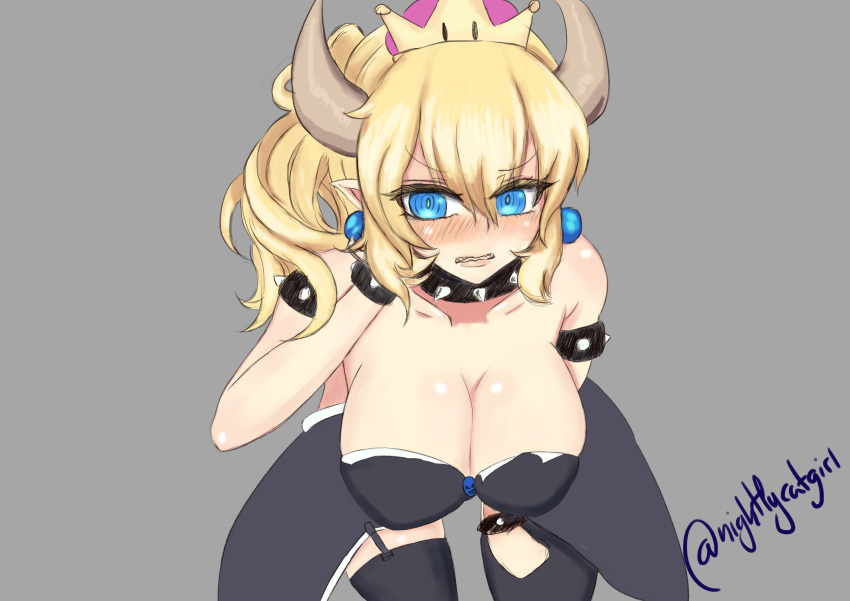 2019 alternate_species big_breasts blonde_hair blue_eyes blush bowser bowsette_meme breasts choker clothed clothing collar crossgender crown ear_piercing ear_ring female flustered hair hanging_breasts horn humanoid humanoid_pointy_ears humanoidized jewelry long_hair mario_bros mtf_crossgender necklace nightlycatgirl nintendo piercing solo super_crown video_games