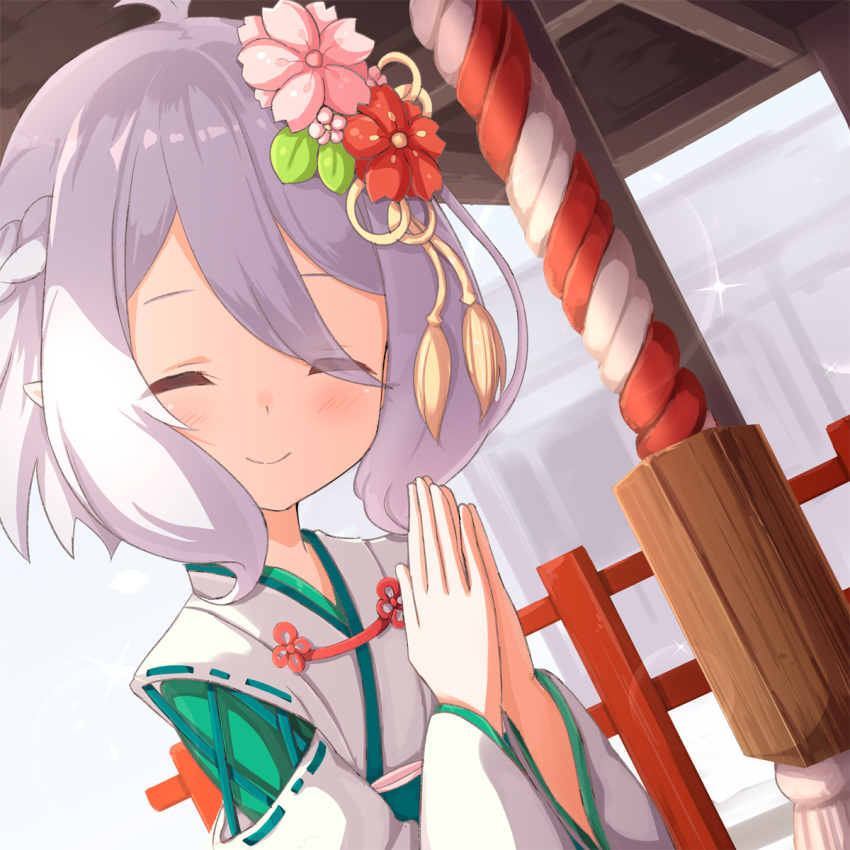 1girl ame. antenna_hair blush closed_eyes closed_mouth commentary_request dutch_angle eyes_visible_through_hair facing_viewer flower hair_flower hair_ornament hair_over_one_eye hands_together hands_up hatsumoude highres japanese_clothes kimono kokkoro_(princess_connect!) long_sleeves own_hands_together palms_together pink_flower princess_connect! princess_connect!_re:dive red_flower silver_hair smile solo sparkle white_kimono wide_sleeves