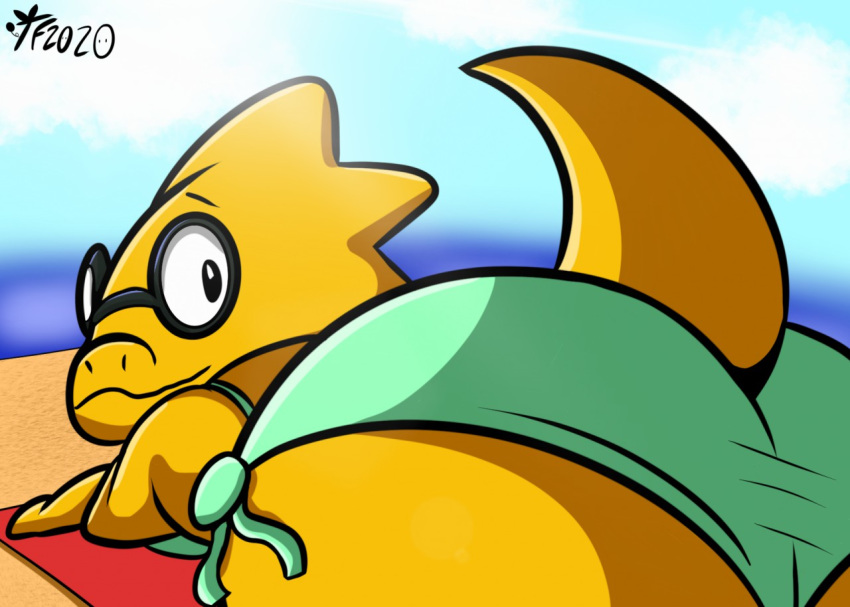 alphys anthro bikini butt butt_focus clothed clothing eyewear female glasses looking_at_viewer looking_back lying on_front outside reptile scalie solo sunbathing swimwear tepigfan101 thick_tail towel undertale video_games