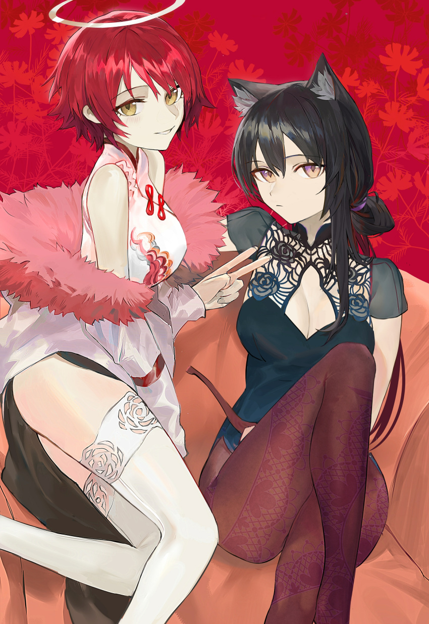 2girls absurdres alternate_costume animal_ears arknights black_hair breasts brown_eyes brown_legwear china_dress chinese_clothes cleavage cleavage_cutout crossed_legs dress exusiai_(arknights) halo highres koio long_hair low_ponytail medium_breasts multiple_girls pantyhose parted_lips red_hair short_hair single_sidelock sitting smile texas_(arknights) thighhighs v white_legwear