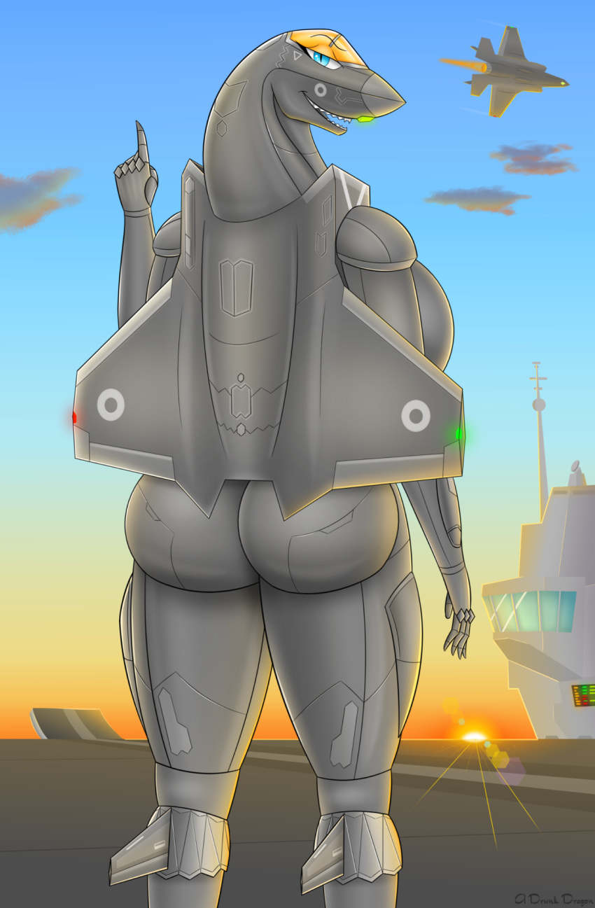 2019 5_fingers a_drunk_dragon absurd_res aircraft aircraft_carrier aircraft_humanoid airplane back_boob big_butt blue_eyes breasts butt cloud cockpit detailed_background eyebrows eyelashes f-35 f-35_lightning_ii female fingers flight_deck gesture green_light hi_res jet lightning_2 living_aircraft living_machine looking_at_viewer looking_back lucy_taylor_(adrunkdragon) machine open_mouth pointing pointing_up raised_eyebrow red_light ship_deck signature sky solo sunset teeth wings