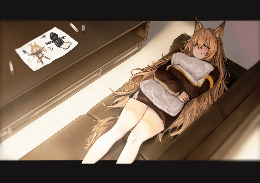 1girl ^_^ animal_ears arknights axe bangs bare_legs black_coat blurry blurry_foreground blush boots brown_hair buchi_k018 cameo ceobe_(arknights) child_drawing closed_eyes coat commentary_request couch crayon doctor_(arknights) dog_ears dog_girl dog_tail drawing fang feet_out_of_frame framed from_above hair_between_eyes highres holding holding_pillow holding_weapon hug jacket letterboxed long_hair long_sleeves lying mask mask_on_head object_hug on_back pillow red_eyes skin_fang smile solo table tail thighs weapon