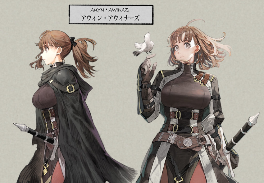 1girl ahoge animal armor belt bird black_cloak brown_eyes brown_gloves brown_hair character_sheet cloak closed_mouth fingerless_gloves gloves grey_background grey_eyes highres hood hood_down jun_(seojh1029) medium_hair original parted_lips scabbard sheath sheathed simple_background solo standing sword tied_hair torn_cloak torn_clothes vambraces weapon white_bird