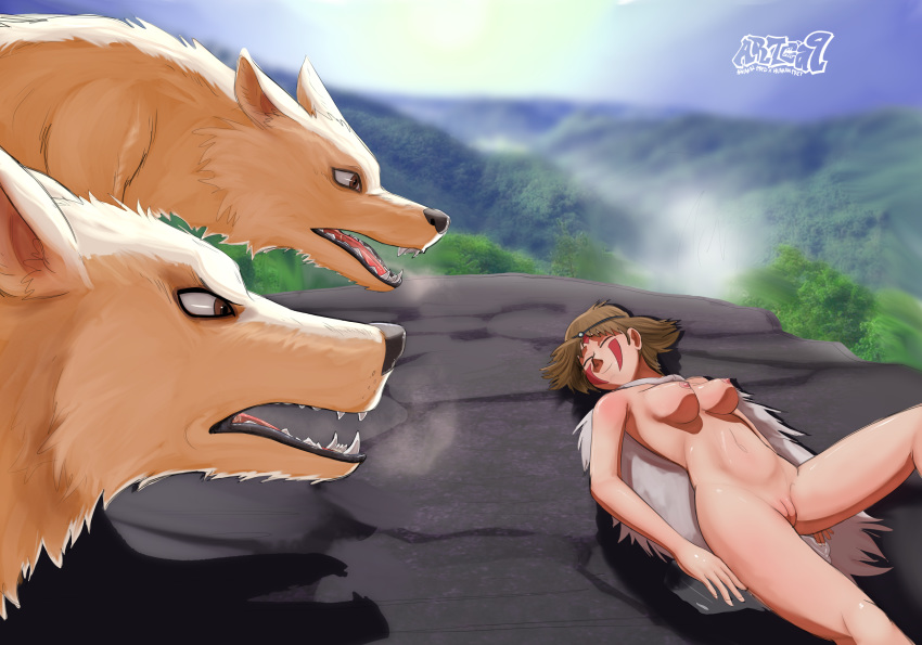 artca9 ashitaka canid canine canis domination female female_domination feral ghibli human invalid_background macro mammal painted princess_mononoke san wolf