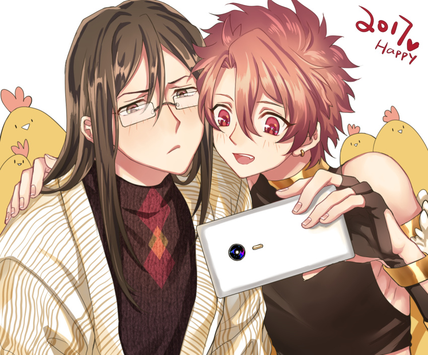 2boys alexander_(fate/grand_order) arm_around_shoulder bird black_hair blush bored brown_eyes brown_hair cellphone chicken fate/grand_order fate_(series) glasses lalatia-meai long_hair lord_el-melloi_ii male_focus multiple_boys older phone red_eyes red_hair self_shot sidelocks smartphone sweater waver_velvet