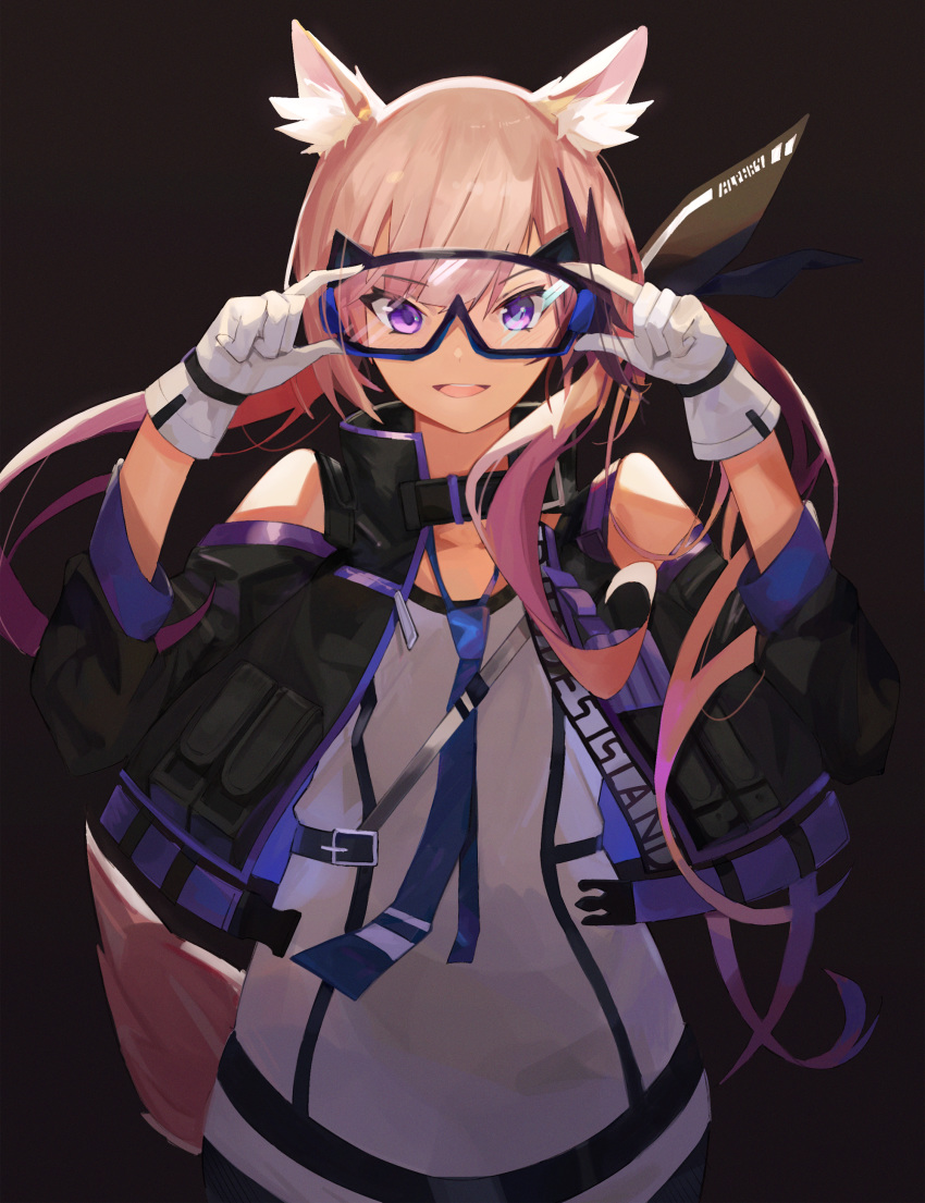 1girl :d absurdres animal_ear_fluff animal_ears arknights arms_up bangs bare_shoulders black-framed_eyewear black_background black_jacket blue_neckwear buckle character_request cowgirl_position dress eyebrows_visible_through_hair gloves goggles gradient_hair grey_dress hands_on_eyewear hiemal_(winter_crow) highres jacket long_sleeves multicolored_hair necktie open_clothes open_jacket open_mouth orange_hair purple_eyes purple_hair shoulder_cutout simple_background smile solo straddling tail white_gloves
