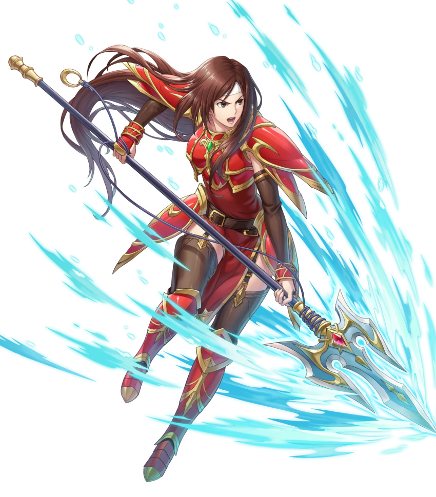 1girl altena_(fire_emblem) armor armored_boots artist_request bangs boots breastplate brown_eyes brown_hair dress elbow_gloves fire_emblem fire_emblem:_thracia_776 fire_emblem_heroes full_body gloves headband highres holding holding_spear holding_weapon lips lipstick long_hair makeup official_art open_mouth pelvic_curtain polearm red_armor red_dress shiny shiny_clothes shiny_hair short_dress shoulder_armor solo spear thigh_strap thighhighs transparent_background weapon