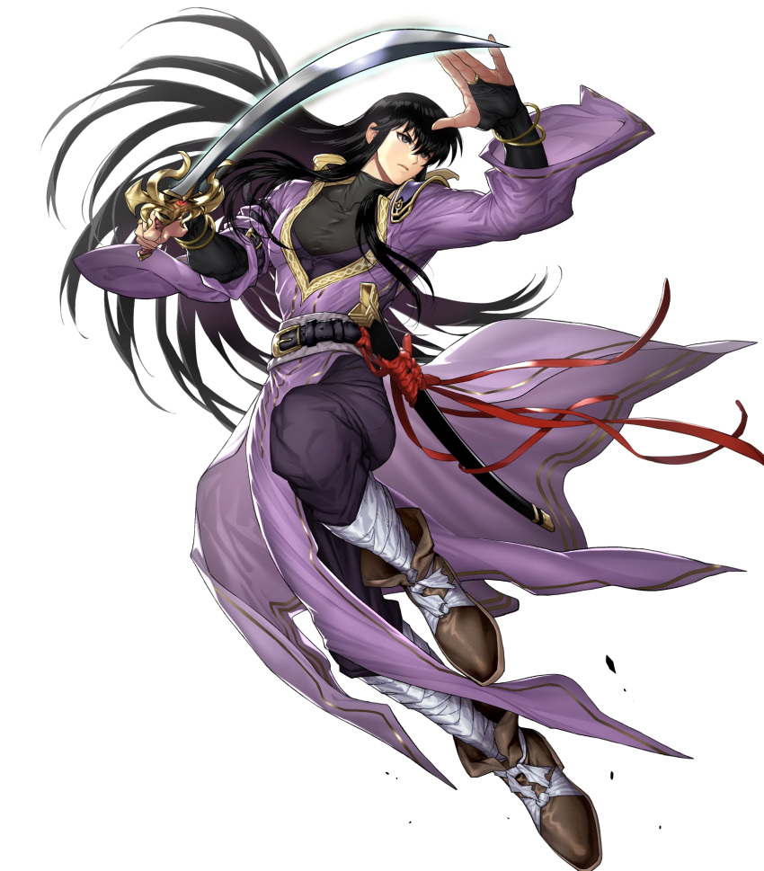 1boy bandages belt black_eyes black_hair boots bracelet fingerless_gloves fire_emblem fire_emblem:_genealogy_of_the_holy_war fire_emblem_heroes full_body gloves highres jewelry long_hair official_art okuma_yuugo shannan_(fire_emblem) solo sword transparent_background weapon