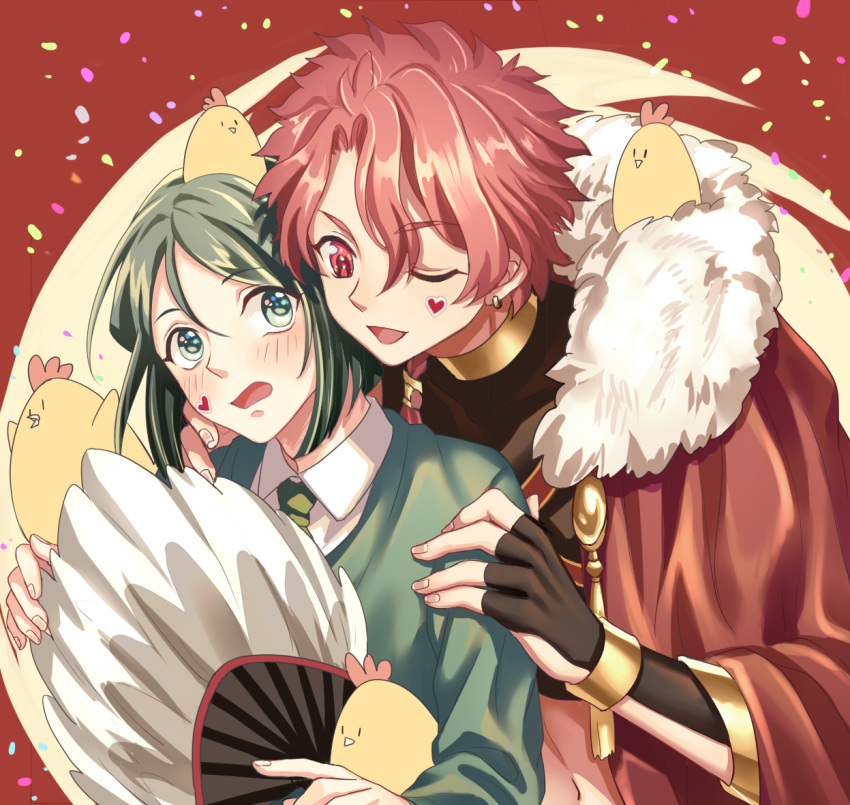 2boys alexander_(fate/grand_order) bangs bird blush bob_cut braid cape chicken fate/grand_order fate/zero fate_(series) feather_fan fur_trim heart lalatia-meai long_hair male_focus multiple_boys necktie one_eye_closed parted_bangs red_eyes red_hair single_braid sticker waver_velvet