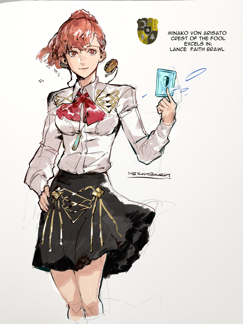 1girl absurdres brown_hair card character_name cowboy_shot digital_media_player emblem english_text female_protagonist_(persona_3) fire_emblem fire_emblem:_three_houses garreg_mach_monastery_uniform headphones highres persona persona_3 persona_3_portable signature yrfreakyneighbr