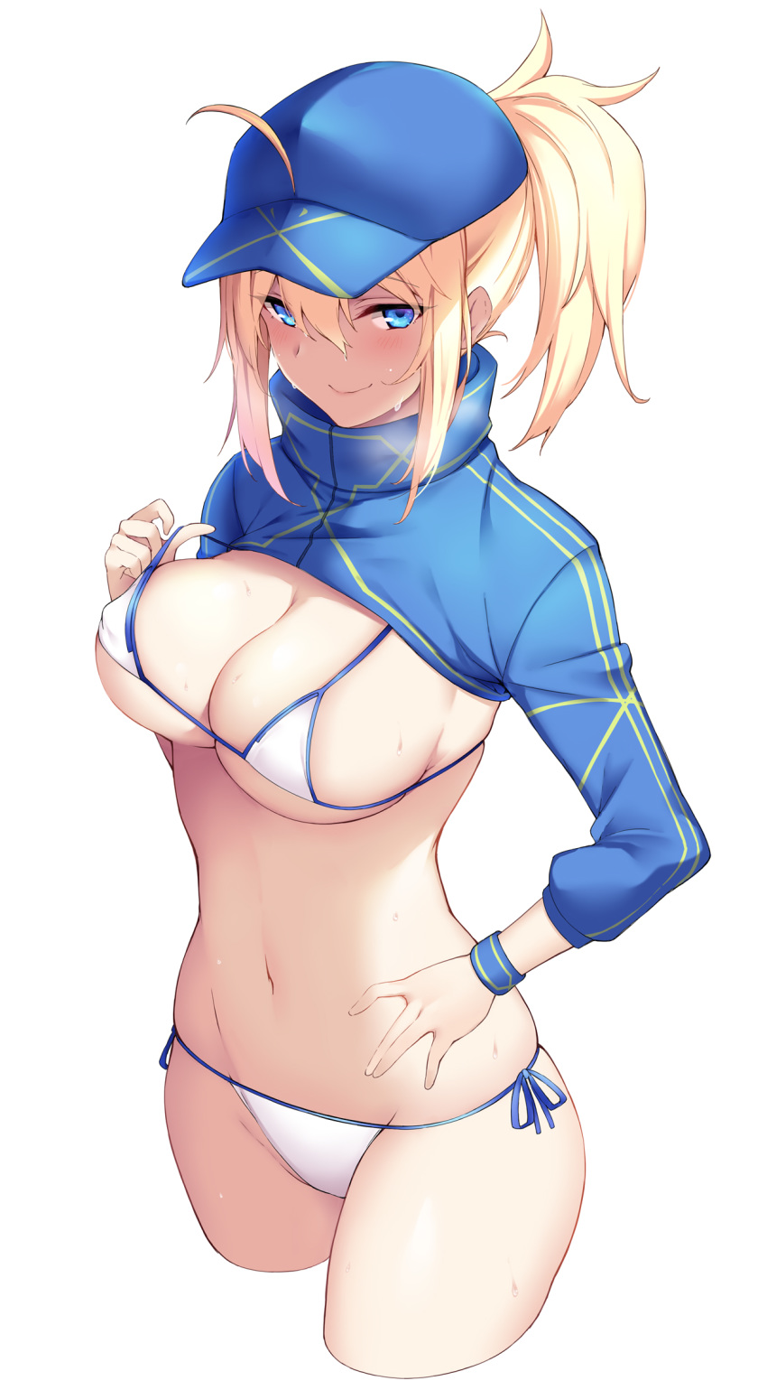1girl ahoge artoria_pendragon_(all) bangs baseball_cap bikini bikini_pull blonde_hair blue_eyes blue_headwear blush breasts breath commentary_request cowboy_shot cropped_legs eyebrows_visible_through_hair fate/grand_order fate_(series) groin hair_between_eyes hat highres kurifuto large_breasts long_sleeves looking_at_viewer mysterious_heroine_xx_(foreigner) navel ponytail pulled_by_self short_hair short_ponytail shrug_(clothing) side-tie_bikini sidelocks simple_background skindentation smile solo standing stomach sweat swimsuit thighs white_background white_bikini wristband