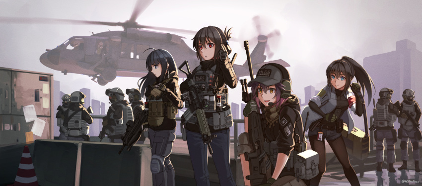 4girls 6+boys :d absurdres ahoge aircraft assault_rifle bangs black_gloves black_hair black_jacket black_legwear black_shirt black_shorts blue_eyes blue_pants breasts brown_hair brown_pants bullpup closed_mouth commentary_request day ear_protection elbow_gloves eyebrows_visible_through_hair fn_f2000 folded_ponytail gloves grey_pants gun hair_between_eyes hand_up headset helicopter helmet high_ponytail highres holding holding_gun holding_weapon jacket legwear_under_shorts long_hair looking_away multiple_boys multiple_girls ndtwofives one_knee open_clothes open_jacket open_mouth original outdoors pants pantyhose parted_lips ponytail purple_eyes railing red_eyes reflection rifle shirt short_shorts short_sleeves shorts small_breasts smile standing traffic_cone twitter_username weapon weapon_request