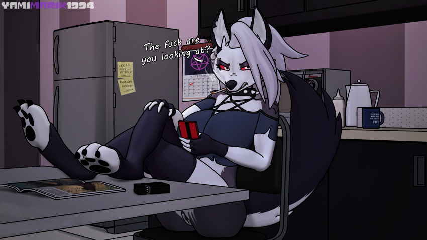 16:9 2020 3d_(artwork) 4k anthro big_breasts bottomless breasts butt canid canid_demon canine canis cellphone chair cigarette clothed clothing collar demon dialogue digital_media_(artwork) english_text eyeshadow female fridge fur furniture hair hellhound helluva_boss hi_res looking_at_viewer loona_(vivzmind) magazine makeup mammal phone pussy red_sclera shirt sitting solo source_filmmaker text topwear white_body white_fur wolf yamimarik1994
