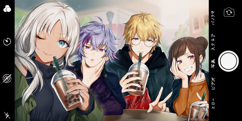 2boys 2girls ;3 ahoge bangs black_sweater blonde_hair blue_eyes blue_hoodie blush brown_hair bubble_tea cellphone chin_rest collarbone cup dark_skin disposable_cup drinking_straw earrings english_text ex_albio eyebrows_visible_through_hair fuwa_minato glasses green_jacket grey_nails grin hair_bun hayase_sou highres hood hood_down hoodie jacket jacket_on_shoulders jewelry long_hair long_sleeves looking_at_viewer miyukiyo multicolored_hair multiple_boys multiple_girls nail_polish nijisanji off_shoulder one_eye_closed open_mouth orange_shirt phone pink_nails purple_eyes purple_hair purple_shirt red_hair round_eyewear shirt sleeveless sleeveless_shirt smartphone smile streaked_hair sweater table todoroki_kyouko twitter_username upper_body v viewfinder virtual_youtuber white_hair