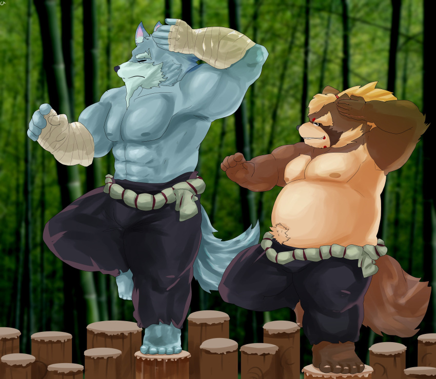 2020 abs anthro belly blue_body blue_fur bottomwear brown_body brown_fur canid canine canis clothing duo eyes_closed fur goemon_(tas) hand_wraps humanoid_hands kemono law_(sdorica_sunset) male mammal moobs moonwhitetiger muscular muscular_male navel nipples outside pants pecs raccoon_dog sdorica sdorica_sunset tanuki tokyo_afterschool_summoners video_games wolf wraps