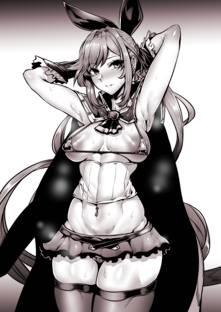 1girl absurdres areola_slip areolae armpits arms_behind_head bangs bikini blush breasts cape clarisse_(granblue_fantasy) cleavage covered_nipples gggg gloves granblue_fantasy grin hair_ribbon highres long_hair looking_at_viewer micro_bikini miniskirt monochrome navel navel_piercing piercing ponytail ribbon simple_background skirt smile solo sweat swimsuit thighhighs thong white_background