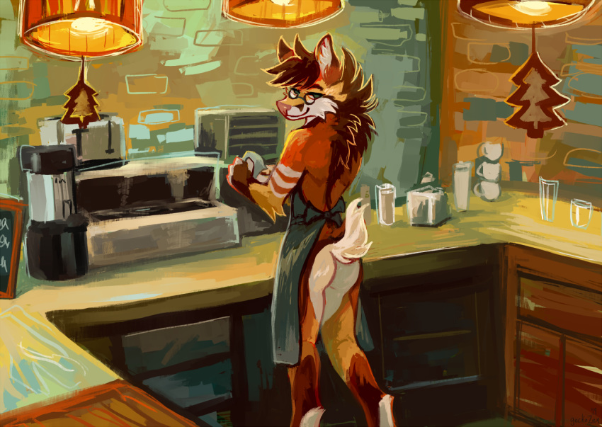 ambiguous_gender apron barista butt butt_pose canid canine cervid clothing coffee_machine cup deggy eyewear geckozen glass_cup glasses hybrid lamp looking_at_viewer looking_back mammal maned_wolf pose toaster