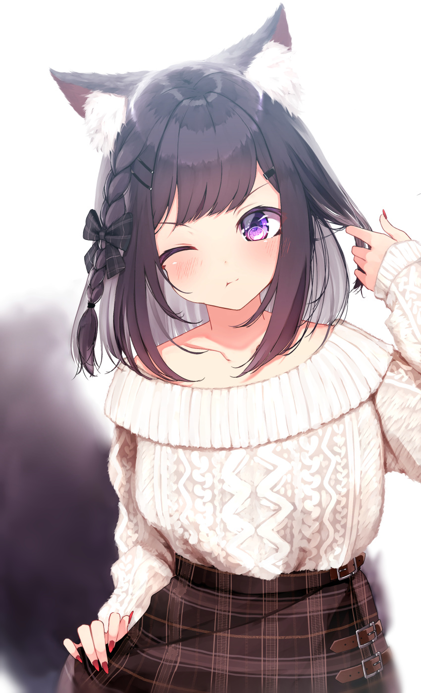 1girl ;t absurdres animal_ear_fluff animal_ears aran_sweater bangs black_bow black_hair blush bow braid brown_skirt closed_mouth collarbone commentary_request eyebrows_visible_through_hair fingernails hair_bow hair_ornament hairclip hand_up highres long_fingernails long_sleeves looking_at_viewer mayogii nail_polish off-shoulder_sweater off_shoulder one_eye_closed original plaid plaid_skirt purple_eyes red_nails skirt sleeves_past_wrists solo sweater white_sweater