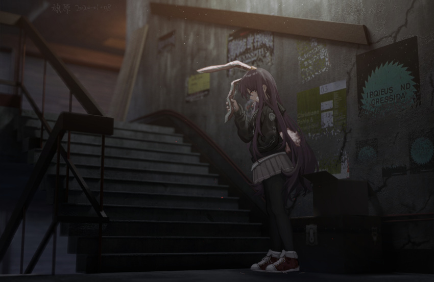 1girl alternate_costume alternate_footwear animal_ears bandage_on_face black_jacket black_legwear blurry blurry_background box bunny_ears bunny_tail cardboard_box cigarette commentary_request constricted_pupils depth_of_field ear_grab furahata_gen grey_skirt hand_in_pocket handrail head_tilt highres jacket lockbox long_hair looking_down miniskirt pantyhose pleated_skirt poster_(object) purple_hair red_eyes red_footwear reisen_udongein_inaba shoes skirt smoking sneakers solo stairs standing tail touhou very_long_hair wide_shot