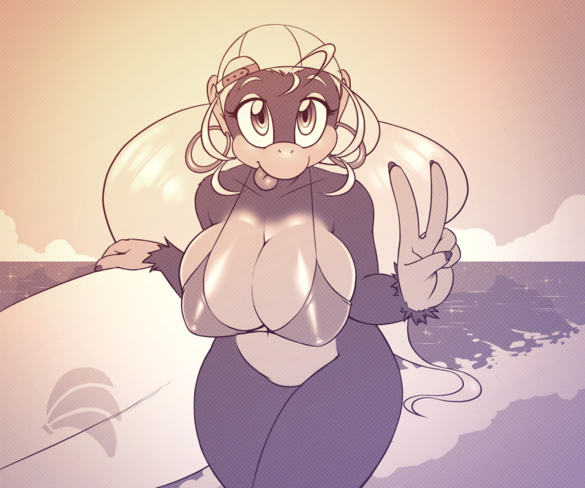 anthro beach big_breasts bikini breasts clothing curvy_figure donkey_kong_(series) female gesture hair hat headgear headwear kong long_hair looking_at_viewer mammal nintendo nitro outside primate seaside simple_background solo surfer surfing swimwear tiny_kong tongue v_sign video_games voluptuous