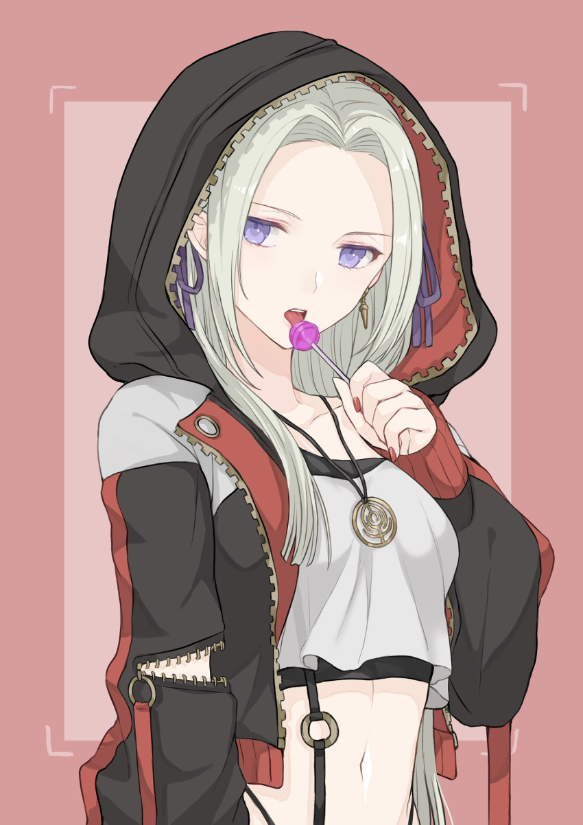 1girl akina_(akn_646) alternate_costume black_jacket blue_eyes border breasts candy casual collarbone commentary_request crop_top earrings edelgard_von_hresvelg fire_emblem food forehead hair_ribbon highres holding holding_food hood hood_up hooded_jacket jacket jewelry licking lollipop long_hair long_sleeves nail_polish navel necklace o-ring open_clothes open_jacket outside_border pink_background pink_border purple_ribbon red_nails ribbon silver_hair small_breasts solo tongue tongue_out unzipped upper_body