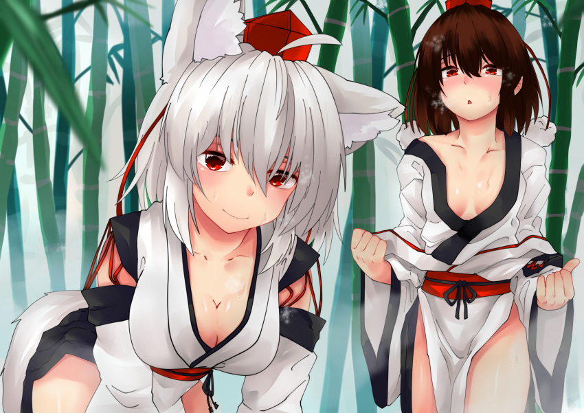 2girls absurdres ahoge animal_ears bamboo bamboo_forest bent_over black_hair blush breasts cleavage collarbone detached_sleeves forest hat heavy_breathing highres huge_filesize inubashiri_momiji kourindou_tengu_costume large_breasts looking_at_viewer medium_breasts multiple_girls nature naughty_face obi open_mouth outdoors pom_pom_(clothes) red_eyes red_sash sash shameimaru_aya shirokaba114 short_hair silver_hair smile sweat tail tokin_hat touhou upper_body wolf_ears wolf_tail