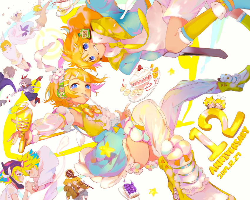 &gt;_&lt; 2019 anniversary banana banana_slice bangs birthday birthday_cake blonde_hair blue_eyes blue_skirt boots bow bowtie cake chibi commentary cup dated detached_sleeves flower food fork fork_in_mouth frilled_legwear frilled_skirt frilled_slee frills fruit grin guitar hair_bow hair_flower hair_ornament hairclip headphones heart heart-shaped_eyewear highres holding holding_microphone index_finger_raised instrument jacket kagamine_len kagamine_rin looking_at_viewer microphone multiple_views necktie orange orange_slice oyamada_gamata pillow plate scuba_gear shirt short_hair short_ponytail shorts signpost skirt sleeveless sleeveless_shirt smile spiked_hair star strawberry swept_bangs teacup thighhighs vocaloid white_bow white_shirt white_shorts yellow_bow yellow_neckwear yellow_shirt