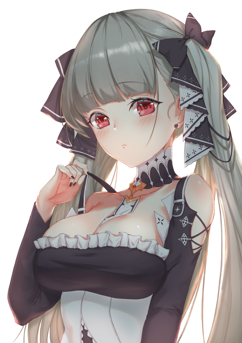 1girl absurdres azur_lane bangs bare_shoulders between_breasts birkai black_dress blush breasts cleavage commentary_request dress earrings eyebrows_visible_through_hair formidable_(azur_lane) frilled_dress frills grey_hair hair_ribbon highres jewelry large_breasts long_hair long_sleeves looking_at_viewer red_eyes ribbon simple_background solo twintails very_long_hair white_background