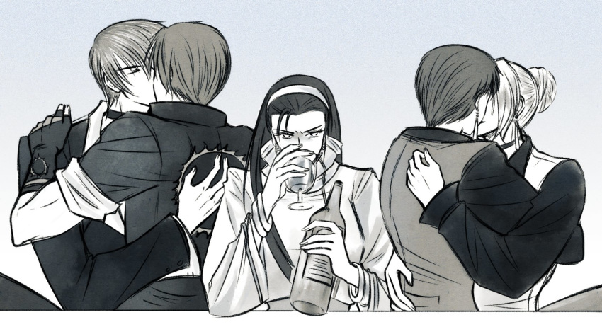 2boys 3girls alcohol bangle bottle bracelet choker commentary_request couple cup drinking drinking_glass earrings elelele_(99kofjj) french_kiss hair_bun hairband highres hug jewelry kagura_chizuru kiss kusanagi_kyou long_hair mature_(kof) meme monochrome multiple_boys multiple_girls photo-referenced sandwiched short_hair the_king_of_fighters vice wine_bottle wine_glass yagami_iori yaoi yuri