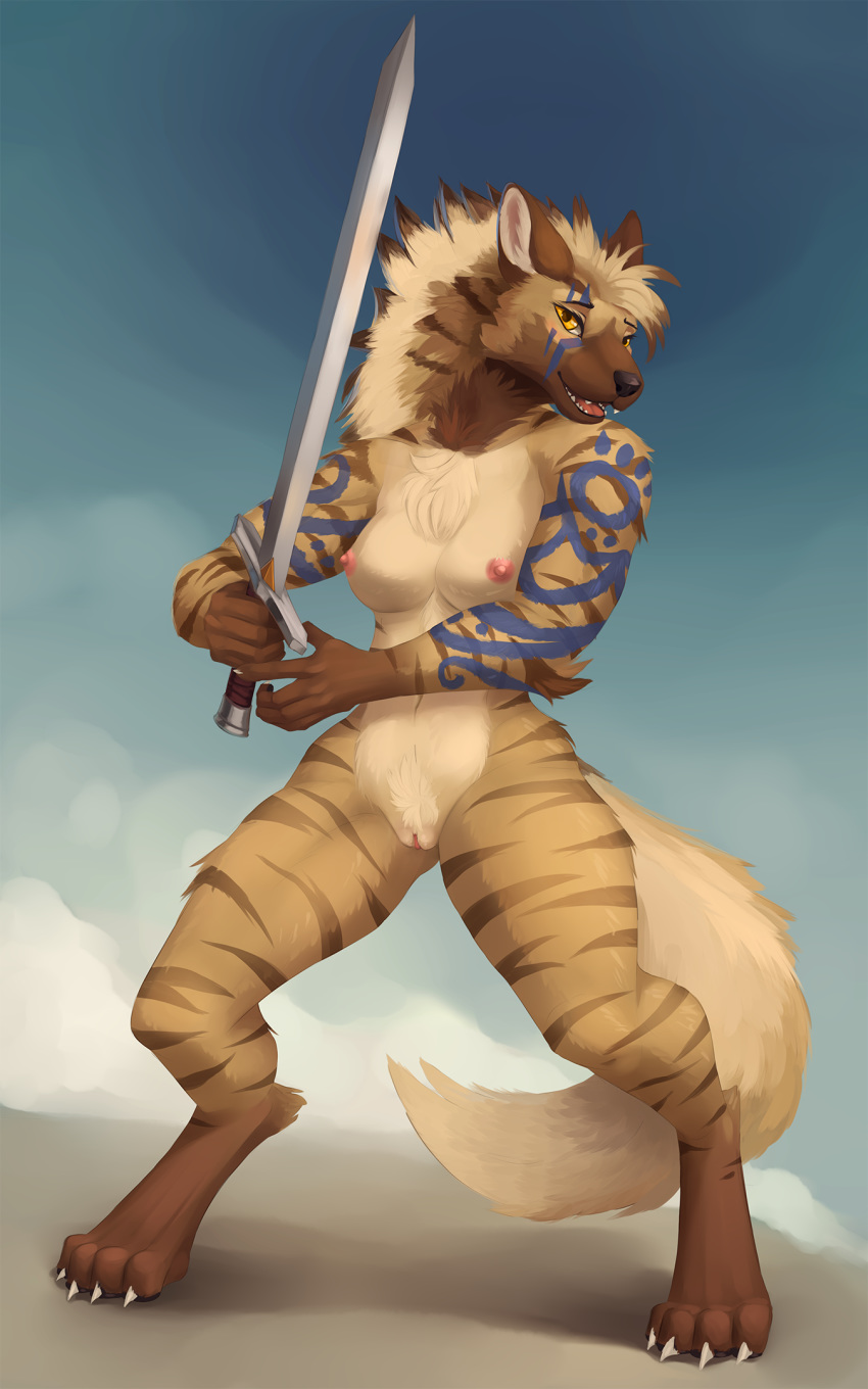 abstract_background blush bodypaint claws female gnoll hyaenid looking_at_viewer mammal mane melee_weapon merrunz nipples nude pussy solo standing striped_hyena sword weapon yellow_eyes