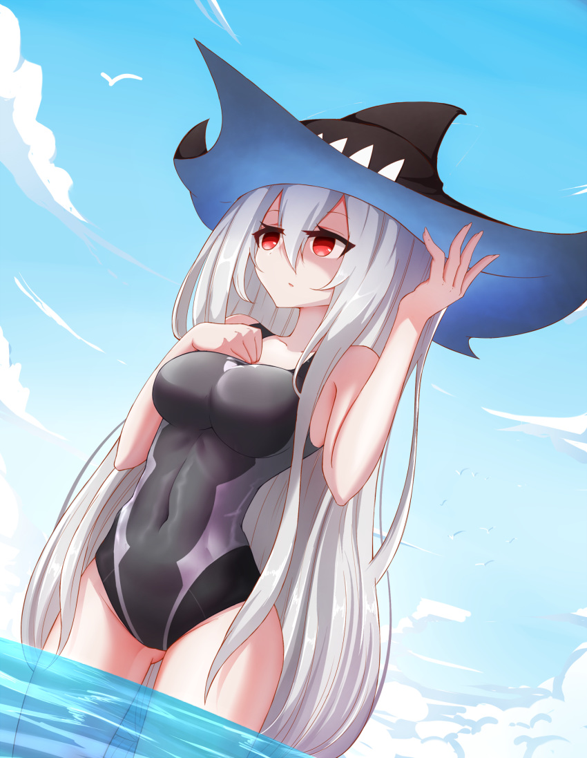 1girl arknights ass_visible_through_thighs bangs bare_arms bare_shoulders black_headwear black_swimsuit blue_sky breasts chinese_commentary cloud collarbone commentary_request covered_navel cowboy_shot day dutch_angle groin hair_between_eyes hand_on_own_chest hands_up highres huizhiyin large_breasts long_hair one-piece_swimsuit outdoors red_eyes silver_hair skadi_(arknights) sky solo standing swimsuit taut_clothes taut_swimsuit thighs very_long_hair wading water