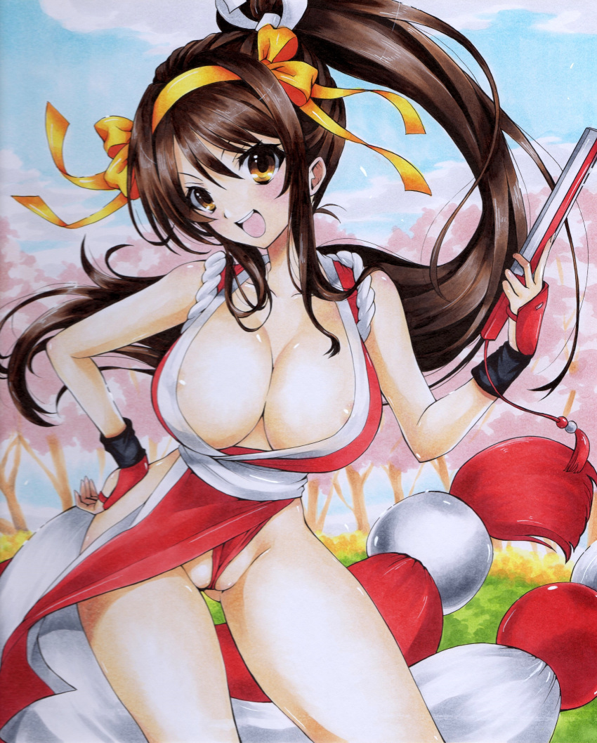 1girl absurdres areola_slip areolae bangs bare_shoulders blue_sky breasts cleavage cloud cloudy_sky collarbone commentary_request cosplay day fan fatal_fury hairband hand_on_hip highres hmdark-9 holding holding_fan japanese_clothes long_hair medium_breasts ninja open_mouth outdoors ponytail shiny shiny_skin shiranui_mai shiranui_mai_(cosplay) sky sleeveless smile solo suzumiya_haruhi suzumiya_haruhi_no_shoushitsu suzumiya_haruhi_no_yuuutsu the_king_of_fighters thighs tied_hair traditional_media tree