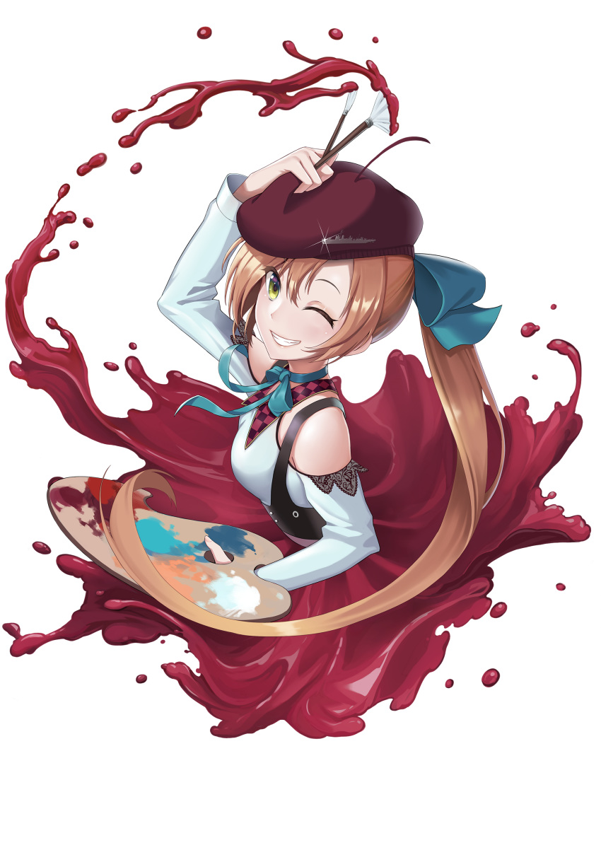 1girl absurdres akigumo_(kantai_collection) alternate_costume beret blush brown_hair dawn_(664387320) eyebrows_visible_through_hair green_eyes hair_between_eyes hair_ribbon hat highres kantai_collection long_hair long_sleeves neck_ribbon one_eye_closed paint paintbrush ponytail red_headwear ribbon simple_background smile solo white_background