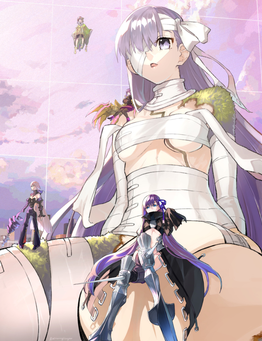 5girls absurdres armored_boots bandage_over_one_eye bandaged_arm bandaged_head bandaged_leg bandages belt_collar black_coat blue_choker blue_ribbon boots breasts choker claw_(weapon) claws collar crotch_plate drill_hand fate/extra fate/extra_ccc fate/extra_ccc_fox_tail fate/grand_order fate_(series) giantess greaves hair_ribbon highres huge_breasts kazuradrop kingprotea meltryllis mithurugi-sugar moss multiple_girls naked_bandage passion_lip pink_ribbon prosthesis prosthetic_leg purple_hair revealing_clothes ribbon sleeves_past_wrists violet_(fate/extra_ccc) weapon