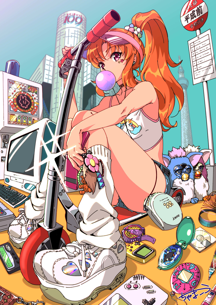 1girl 2000s 90s absurdres apple_inc. bangs bare_shoulders belt blue_shorts building camisole cellphone chama_kou chewing_gum choker commentary_request computer crop_top day denim denim_shorts digimon discman flip_phone furby game_boy game_console handheld_game_console headphones heisei high_ponytail highres imac keyboard_(computer) kick_scooter long_hair looking_at_viewer loose_socks micro_shorts minidisc monitor orange_hair original pager parted_bangs phone pocket_pikachu pokemon ponytail purple_eyes road_sign shibuya_(tokyo) shoes short_shorts shorts sign sitting sky slinky slot_machine sneakers solo sony star super_famicom tagme tamagotchi tokyo_sky_tree toy unicorn visor_cap white_footwear white_legwear