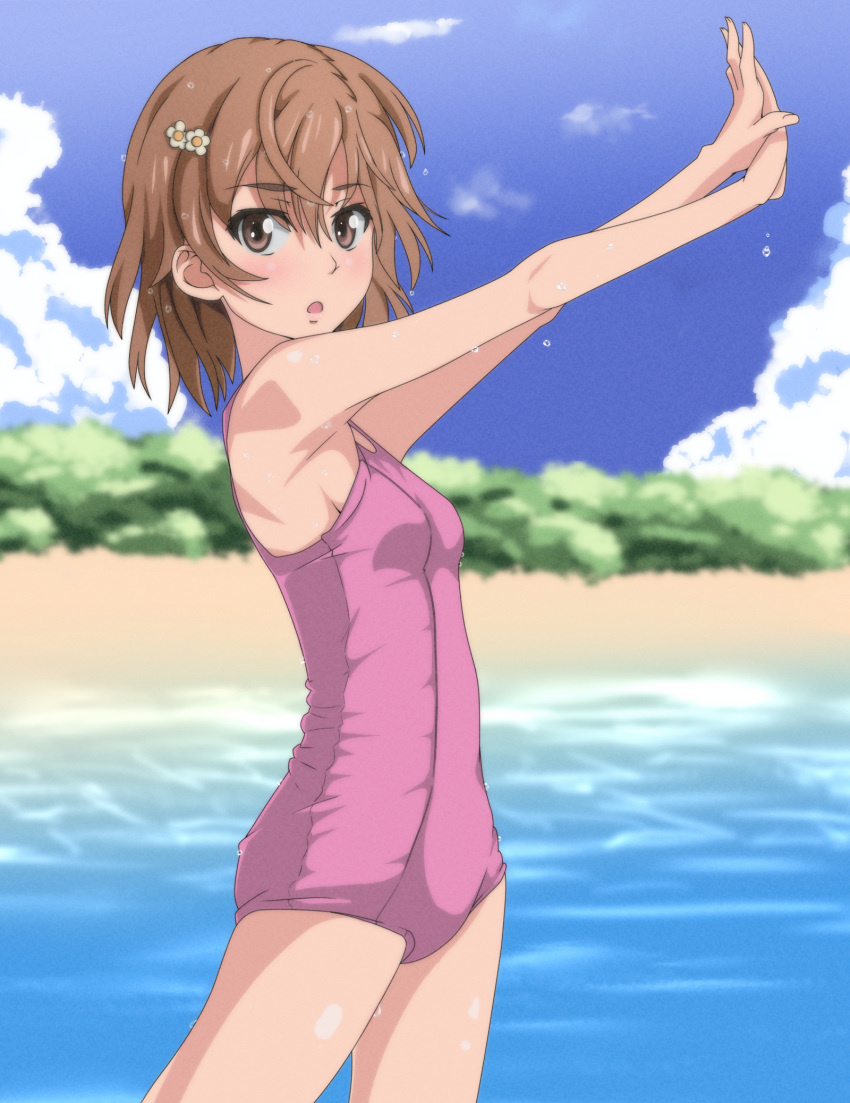 1girl alternate_color_school_swimsuit beach blue_sky blurry breasts brown_eyes brown_hair cloud commentary_request cowboy_shot dandere_(tetsudan) day depth_of_field highres looking_at_viewer misaka_mikoto new_school_swimsuit ocean outdoors pink_swimsuit school_swimsuit short_hair sky small_breasts solo swimsuit to_aru_kagaku_no_railgun to_aru_majutsu_no_index