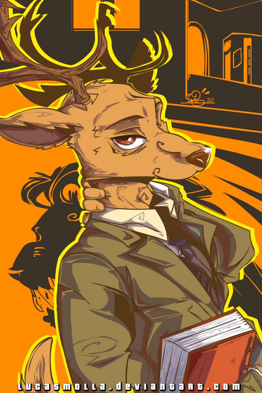 2020 anime beastars cervid cervine clothed clothing comic deviantart ears_back felid headshot_portrait hi_res horn lion looking_at_viewer louis louis_(beastars) lucasmolla mammal manga note pantherine pivoted_ears portrait protagonist red_deer reddeer series shishigumi