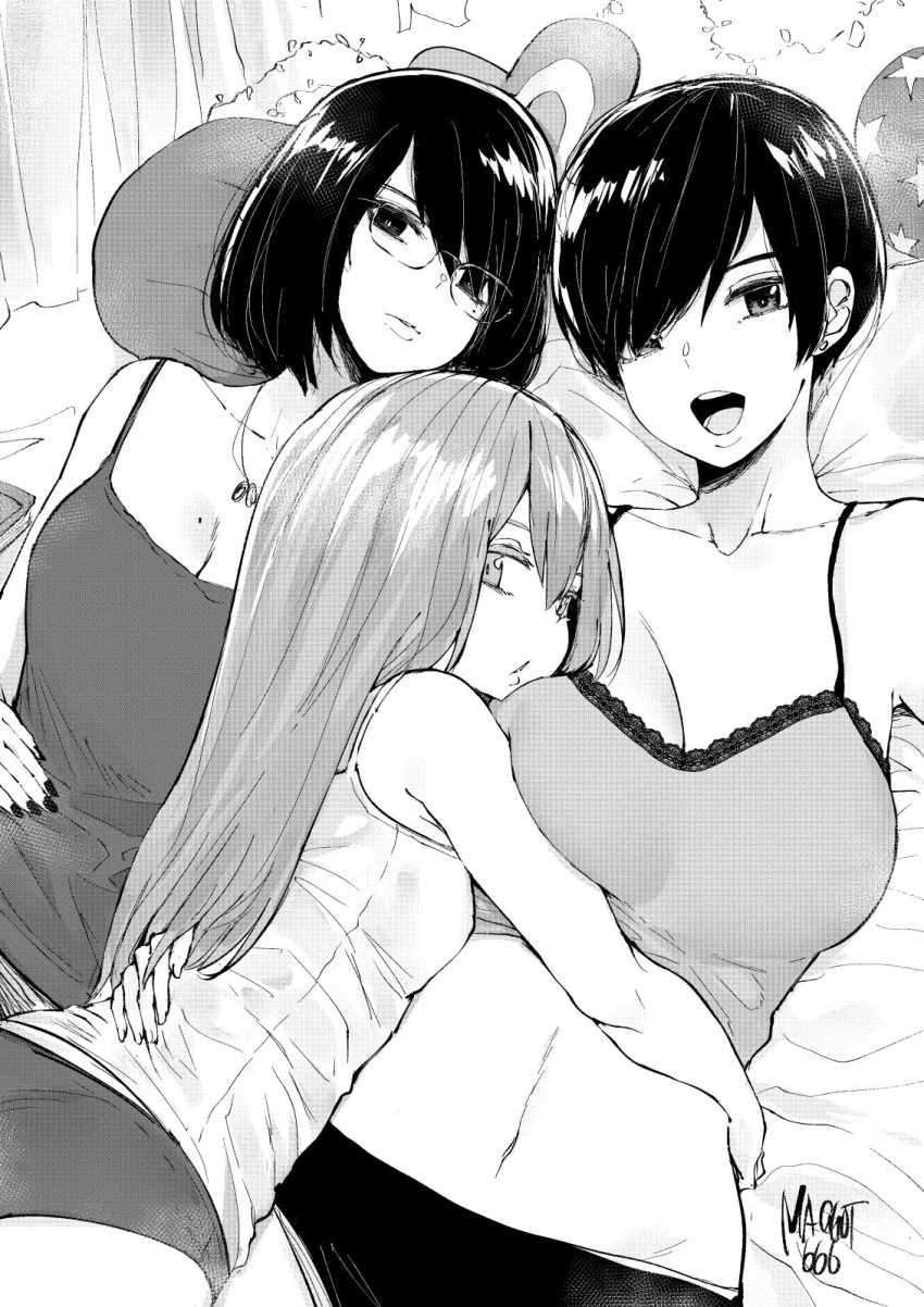 3girls breasts chemise cleavage commentary covered_nipples desyana_laurentia english_commentary glasses highres hug lace_trim large_breasts long_hair lying medium_breasts melissa_renata midriff mole mole_on_breast mole_under_eye monochrome multiple_girls navel norman_maggot olive_laurentia on_back on_bed open_mouth original panties pixie_cut self_shot short_hair siblings sisters small_breasts spaghetti_strap toned underwear